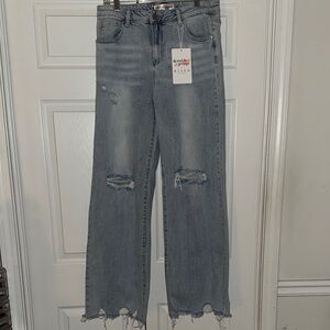 Flare Wide Leg Jeans with Distressed Hem